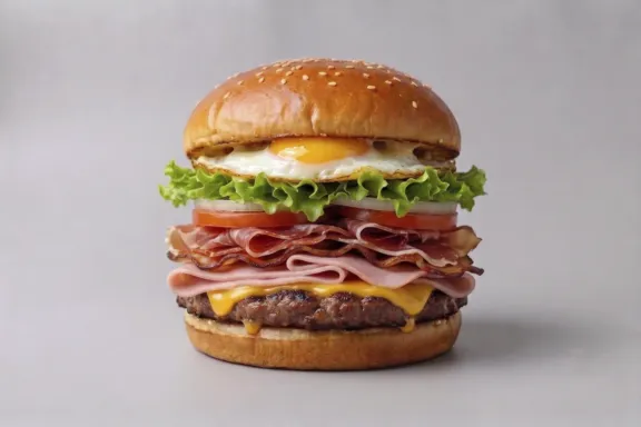 Hamburguesa de ternera, lechuga, tomate, cebolla, jamón york, queso, bacon, jamón serrano y huevo