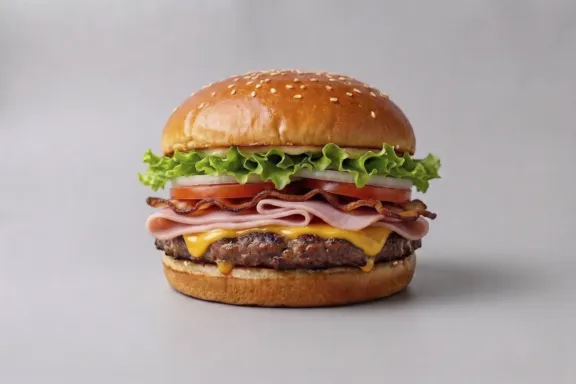 Hamburguesa de ternera con lechuga, tomate, cebolla, jamón york, queso fundido y bacon crujiente