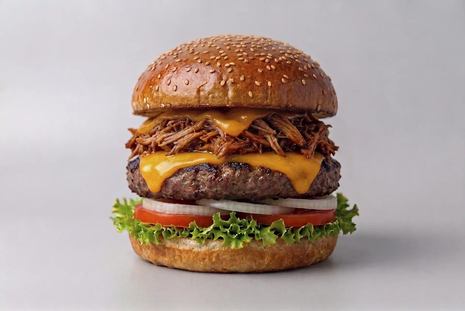 Hamburguesa con lechuga, tomate, cebolla, queso cheddar y pulled pork