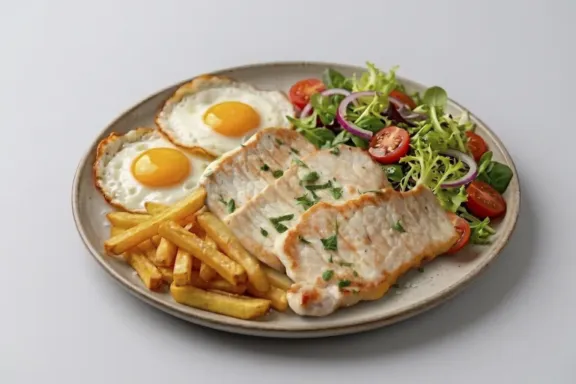 Plato combinado de lomo a la plancha, patatas fritas, huevos fritos y ensalada