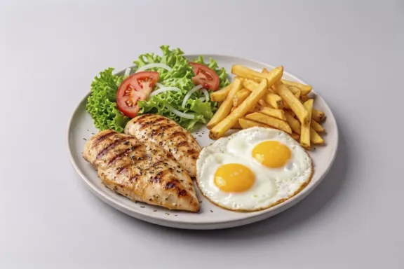 Plato combinado de pollo, patatas, huevos fritos y ensalada