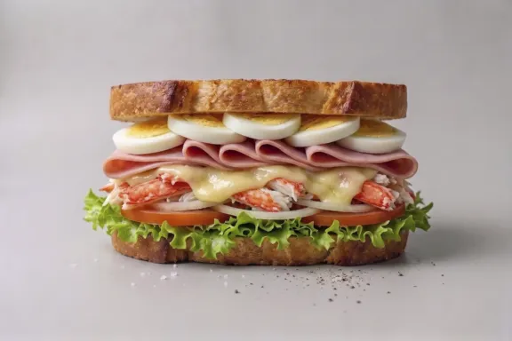 Sándwich con vegetal, cangrejo, queso, jamón york y huevo cocido
