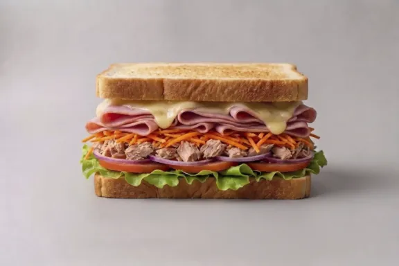 Sándwich de jamón york, queso, lechuga, tomate, cebolla, atún y zanahoria