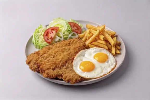 Cachopo con patatas, ensalada y huevos fritos