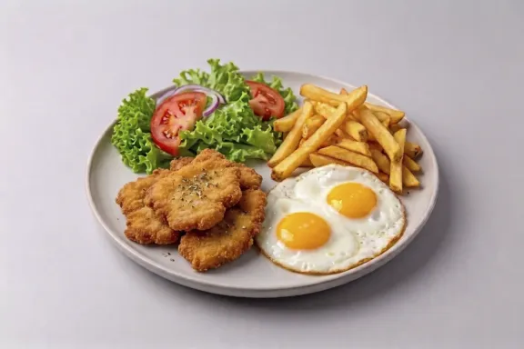 Plato combinado cachopines de lomo empanados con huevos, patatas y ensalada