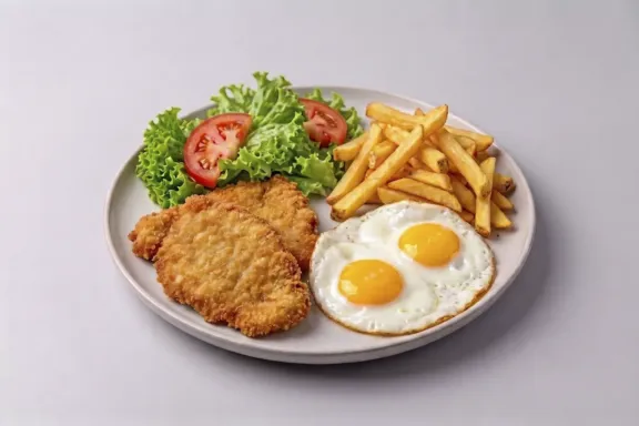 Plato combinado escalope empanado al estilo milanesa con huevos, patatas y ensalada