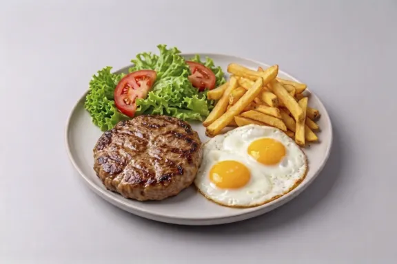 Plato combinado hamburguesa de ternera con huevos fritos, patatas y ensala