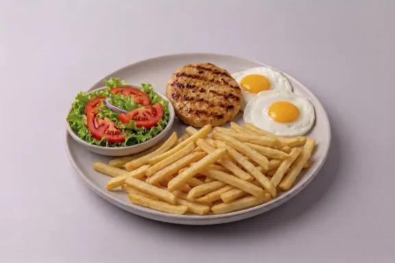 Plato combinado con hamburguesa de pollo a la plancha con huevos fritos, patatas y ensalada
