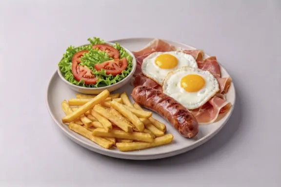 Plato combinado huevos fritos con jamón, criollo, patatas y ensalada
