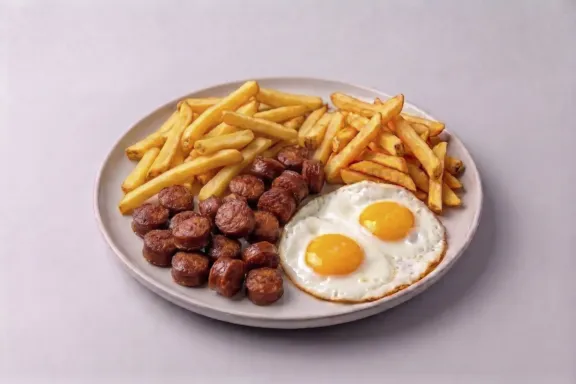 Plato con huevo frito, patatas y chorizo